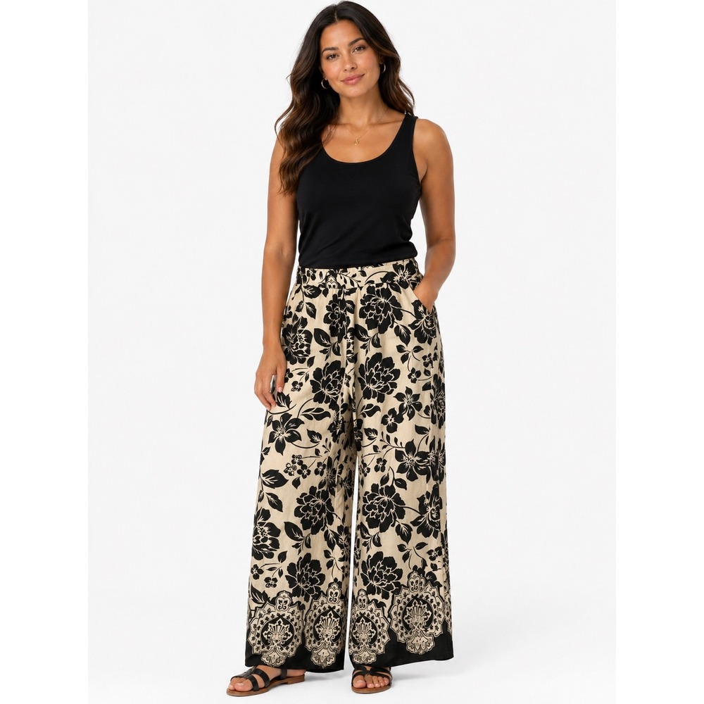 Draper James RSVP Cream Black Floral Wide Leg Linen Blend Pants Small